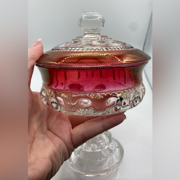 Tiffin-Franciscan Kings Crown Thumbprint Ruby Flashed Lidded Compote Candy Dish - Picture 12 of 13